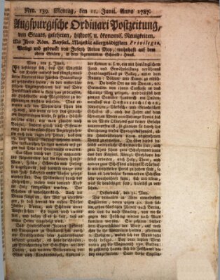 Augsburgische Ordinari Postzeitung von Staats-, gelehrten, historisch- u. ökonomischen Neuigkeiten (Augsburger Postzeitung) Montag 11. Juni 1787