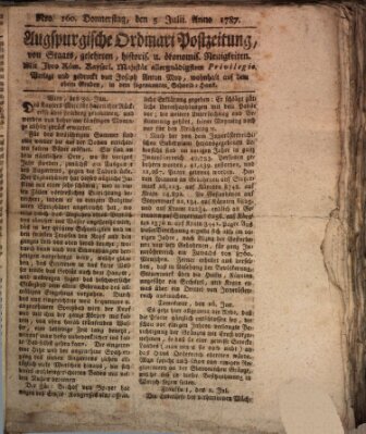 Augsburgische Ordinari Postzeitung von Staats-, gelehrten, historisch- u. ökonomischen Neuigkeiten (Augsburger Postzeitung) Donnerstag 5. Juli 1787