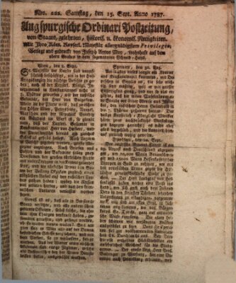 Augsburgische Ordinari Postzeitung von Staats-, gelehrten, historisch- u. ökonomischen Neuigkeiten (Augsburger Postzeitung) Samstag 15. September 1787