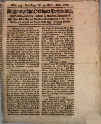 Augsburgische Ordinari Postzeitung von Staats-, gelehrten, historisch- u. ökonomischen Neuigkeiten (Augsburger Postzeitung) Samstag 29. September 1787