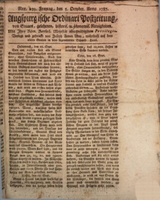 Augsburgische Ordinari Postzeitung von Staats-, gelehrten, historisch- u. ökonomischen Neuigkeiten (Augsburger Postzeitung) Freitag 5. Oktober 1787