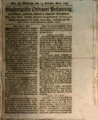 Augsburgische Ordinari Postzeitung von Staats-, gelehrten, historisch- u. ökonomischen Neuigkeiten (Augsburger Postzeitung) Mittwoch 13. Februar 1788