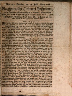 Augsburgische Ordinari Postzeitung von Staats-, gelehrten, historisch- u. ökonomischen Neuigkeiten (Augsburger Postzeitung) Dienstag 29. Juli 1788