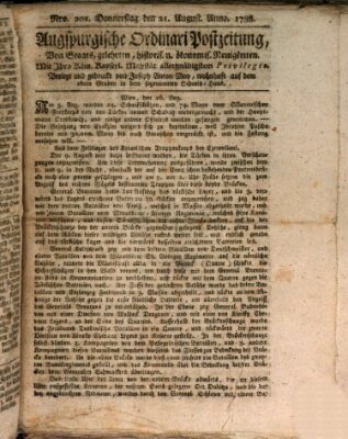 Augsburgische Ordinari Postzeitung von Staats-, gelehrten, historisch- u. ökonomischen Neuigkeiten (Augsburger Postzeitung) Donnerstag 21. August 1788