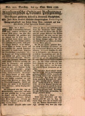 Augsburgische Ordinari Postzeitung von Staats-, gelehrten, historisch- u. ökonomischen Neuigkeiten (Augsburger Postzeitung) Samstag 13. September 1788