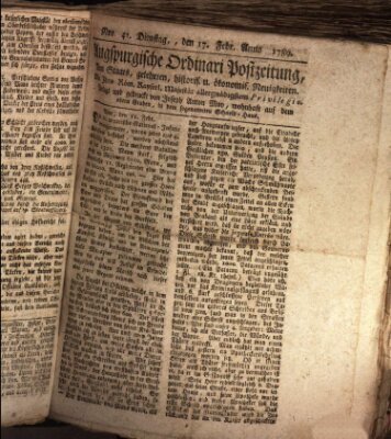 Augsburgische Ordinari Postzeitung von Staats-, gelehrten, historisch- u. ökonomischen Neuigkeiten (Augsburger Postzeitung) Dienstag 17. Februar 1789