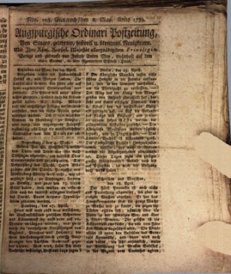 Augsburgische Ordinari Postzeitung von Staats-, gelehrten, historisch- u. ökonomischen Neuigkeiten (Augsburger Postzeitung) Mittwoch 6. Mai 1789