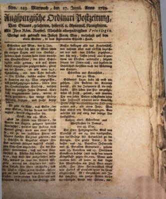 Augsburgische Ordinari Postzeitung von Staats-, gelehrten, historisch- u. ökonomischen Neuigkeiten (Augsburger Postzeitung) Mittwoch 17. Juni 1789