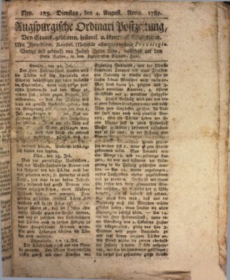Augsburgische Ordinari Postzeitung von Staats-, gelehrten, historisch- u. ökonomischen Neuigkeiten (Augsburger Postzeitung) Dienstag 4. August 1789