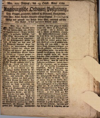Augsburgische Ordinari Postzeitung von Staats-, gelehrten, historisch- u. ökonomischen Neuigkeiten (Augsburger Postzeitung) Freitag 23. Oktober 1789