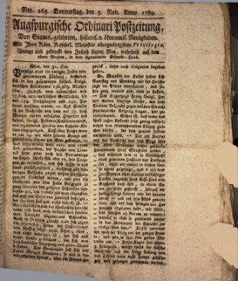 Augsburgische Ordinari Postzeitung von Staats-, gelehrten, historisch- u. ökonomischen Neuigkeiten (Augsburger Postzeitung) Donnerstag 5. November 1789