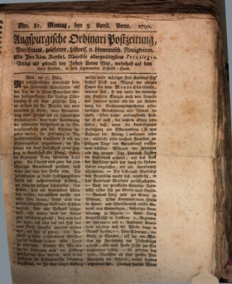 Augsburgische Ordinari Postzeitung von Staats-, gelehrten, historisch- u. ökonomischen Neuigkeiten (Augsburger Postzeitung) Montag 5. April 1790