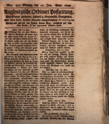 Augsburgische Ordinari Postzeitung von Staats-, gelehrten, historisch- u. ökonomischen Neuigkeiten (Augsburger Postzeitung) Montag 21. Juni 1790