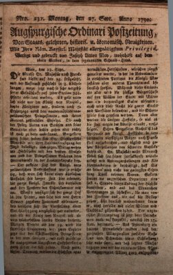 Augsburgische Ordinari Postzeitung von Staats-, gelehrten, historisch- u. ökonomischen Neuigkeiten (Augsburger Postzeitung) Montag 27. September 1790