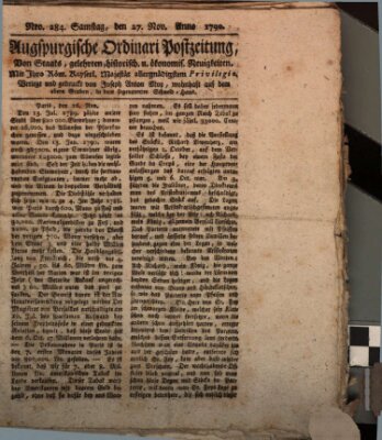 Augsburgische Ordinari Postzeitung von Staats-, gelehrten, historisch- u. ökonomischen Neuigkeiten (Augsburger Postzeitung) Samstag 27. November 1790