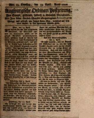 Augsburgische Ordinari Postzeitung von Staats-, gelehrten, historisch- u. ökonomischen Neuigkeiten (Augsburger Postzeitung) Dienstag 19. April 1791