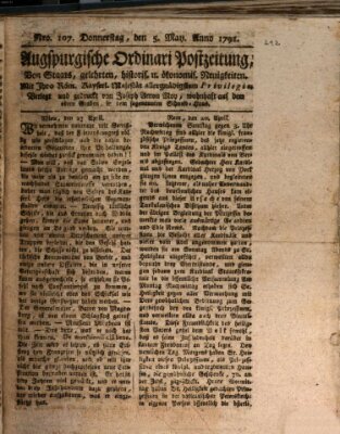 Augsburgische Ordinari Postzeitung von Staats-, gelehrten, historisch- u. ökonomischen Neuigkeiten (Augsburger Postzeitung) Donnerstag 5. Mai 1791