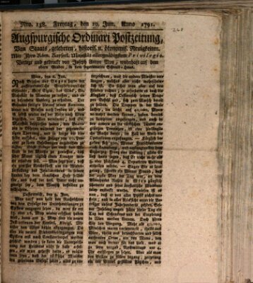 Augsburgische Ordinari Postzeitung von Staats-, gelehrten, historisch- u. ökonomischen Neuigkeiten (Augsburger Postzeitung) Freitag 10. Juni 1791