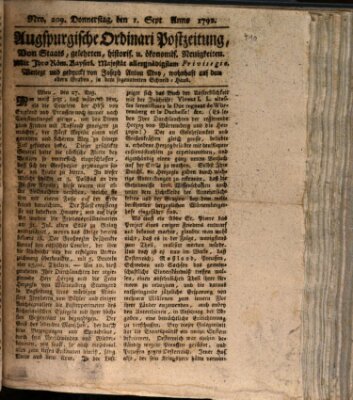 Augsburgische Ordinari Postzeitung von Staats-, gelehrten, historisch- u. ökonomischen Neuigkeiten (Augsburger Postzeitung) Donnerstag 1. September 1791