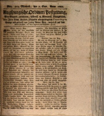 Augsburgische Ordinari Postzeitung von Staats-, gelehrten, historisch- u. ökonomischen Neuigkeiten (Augsburger Postzeitung) Mittwoch 7. September 1791