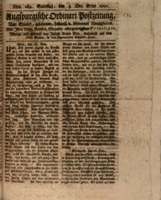 Augsburgische Ordinari Postzeitung von Staats-, gelehrten, historisch- u. ökonomischen Neuigkeiten (Augsburger Postzeitung) Samstag 3. Dezember 1791