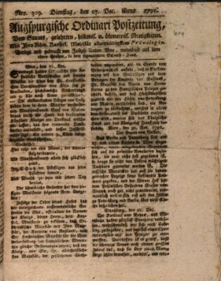 Augsburgische Ordinari Postzeitung von Staats-, gelehrten, historisch- u. ökonomischen Neuigkeiten (Augsburger Postzeitung) Dienstag 27. Dezember 1791