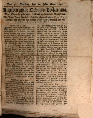 Augsburgische Ordinari Postzeitung von Staats-, gelehrten, historisch- u. ökonomischen Neuigkeiten (Augsburger Postzeitung) Samstag 11. Februar 1792