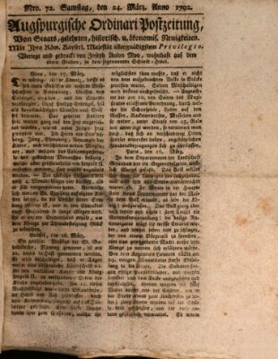 Augsburgische Ordinari Postzeitung von Staats-, gelehrten, historisch- u. ökonomischen Neuigkeiten (Augsburger Postzeitung) Samstag 24. März 1792