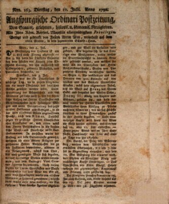 Augsburgische Ordinari Postzeitung von Staats-, gelehrten, historisch- u. ökonomischen Neuigkeiten (Augsburger Postzeitung) Dienstag 10. Juli 1792