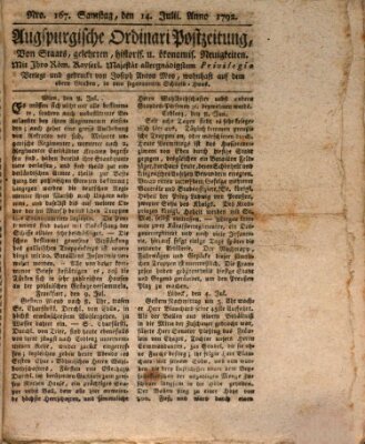 Augsburgische Ordinari Postzeitung von Staats-, gelehrten, historisch- u. ökonomischen Neuigkeiten (Augsburger Postzeitung) Samstag 14. Juli 1792