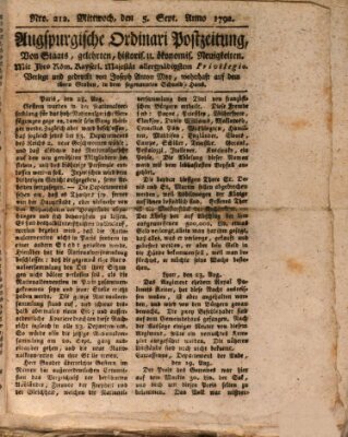 Augsburgische Ordinari Postzeitung von Staats-, gelehrten, historisch- u. ökonomischen Neuigkeiten (Augsburger Postzeitung) Mittwoch 5. September 1792