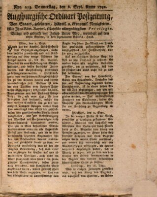 Augsburgische Ordinari Postzeitung von Staats-, gelehrten, historisch- u. ökonomischen Neuigkeiten (Augsburger Postzeitung) Donnerstag 6. September 1792