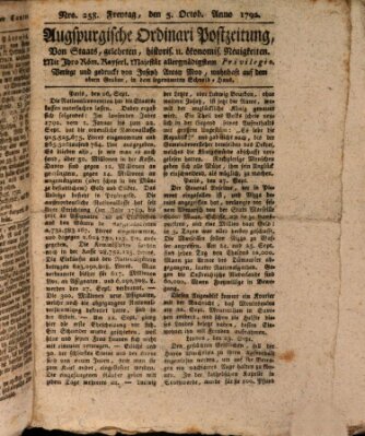 Augsburgische Ordinari Postzeitung von Staats-, gelehrten, historisch- u. ökonomischen Neuigkeiten (Augsburger Postzeitung) Freitag 5. Oktober 1792