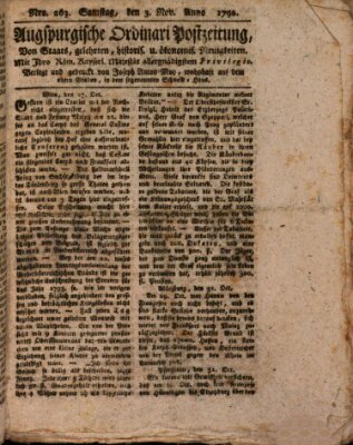 Augsburgische Ordinari Postzeitung von Staats-, gelehrten, historisch- u. ökonomischen Neuigkeiten (Augsburger Postzeitung) Samstag 3. November 1792