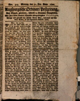 Augsburgische Ordinari Postzeitung von Staats-, gelehrten, historisch- u. ökonomischen Neuigkeiten (Augsburger Postzeitung) Montag 31. Dezember 1792