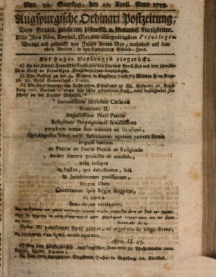 Augsburgische Ordinari Postzeitung von Staats-, gelehrten, historisch- u. ökonomischen Neuigkeiten (Augsburger Postzeitung) Samstag 20. April 1793