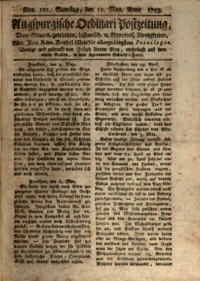 Augsburgische Ordinari Postzeitung von Staats-, gelehrten, historisch- u. ökonomischen Neuigkeiten (Augsburger Postzeitung) Samstag 11. Mai 1793