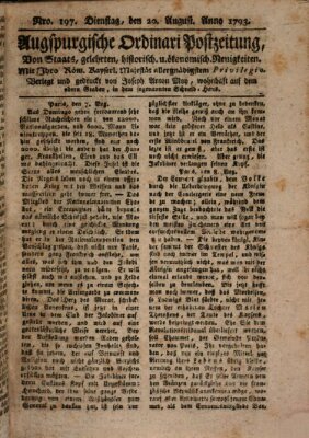 Augsburgische Ordinari Postzeitung von Staats-, gelehrten, historisch- u. ökonomischen Neuigkeiten (Augsburger Postzeitung) Dienstag 20. August 1793