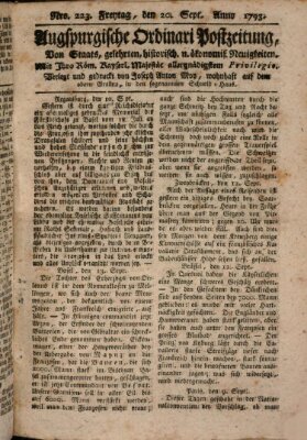 Augsburgische Ordinari Postzeitung von Staats-, gelehrten, historisch- u. ökonomischen Neuigkeiten (Augsburger Postzeitung) Freitag 20. September 1793