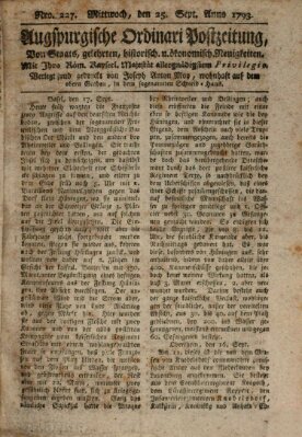 Augsburgische Ordinari Postzeitung von Staats-, gelehrten, historisch- u. ökonomischen Neuigkeiten (Augsburger Postzeitung) Mittwoch 25. September 1793