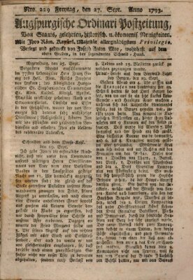 Augsburgische Ordinari Postzeitung von Staats-, gelehrten, historisch- u. ökonomischen Neuigkeiten (Augsburger Postzeitung) Freitag 27. September 1793