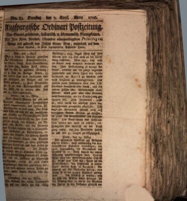 Augsburgische Ordinari Postzeitung von Staats-, gelehrten, historisch- u. ökonomischen Neuigkeiten (Augsburger Postzeitung) Dienstag 7. April 1795