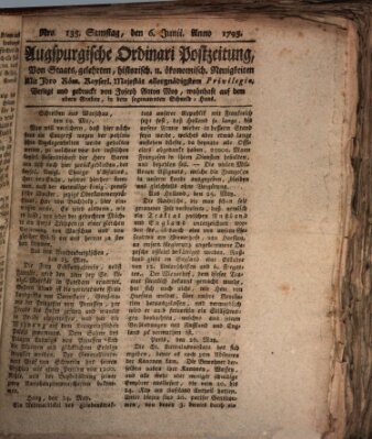 Augsburgische Ordinari Postzeitung von Staats-, gelehrten, historisch- u. ökonomischen Neuigkeiten (Augsburger Postzeitung) Samstag 6. Juni 1795