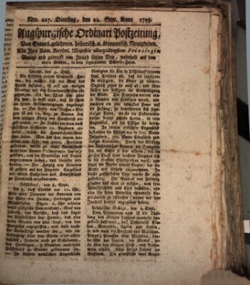 Augsburgische Ordinari Postzeitung von Staats-, gelehrten, historisch- u. ökonomischen Neuigkeiten (Augsburger Postzeitung) Dienstag 22. September 1795