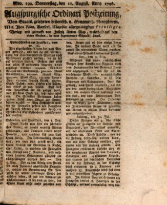 Augsburgische Ordinari Postzeitung von Staats-, gelehrten, historisch- u. ökonomischen Neuigkeiten (Augsburger Postzeitung) Donnerstag 11. August 1796