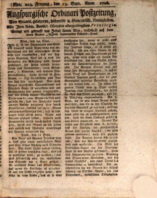 Augsburgische Ordinari Postzeitung von Staats-, gelehrten, historisch- u. ökonomischen Neuigkeiten (Augsburger Postzeitung) Freitag 23. September 1796