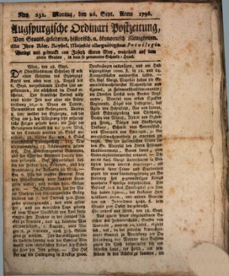 Augsburgische Ordinari Postzeitung von Staats-, gelehrten, historisch- u. ökonomischen Neuigkeiten (Augsburger Postzeitung) Montag 26. September 1796