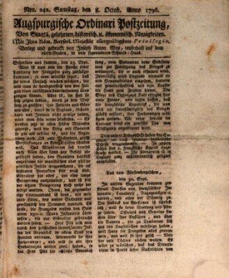 Augsburgische Ordinari Postzeitung von Staats-, gelehrten, historisch- u. ökonomischen Neuigkeiten (Augsburger Postzeitung) Samstag 8. Oktober 1796