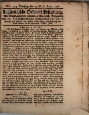 Augsburgische Ordinari Postzeitung von Staats-, gelehrten, historisch- u. ökonomischen Neuigkeiten (Augsburger Postzeitung) Samstag 22. Oktober 1796