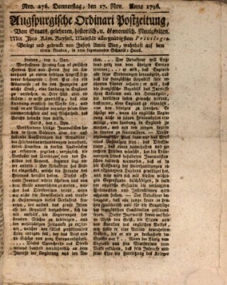 Augsburgische Ordinari Postzeitung von Staats-, gelehrten, historisch- u. ökonomischen Neuigkeiten (Augsburger Postzeitung) Donnerstag 17. November 1796
